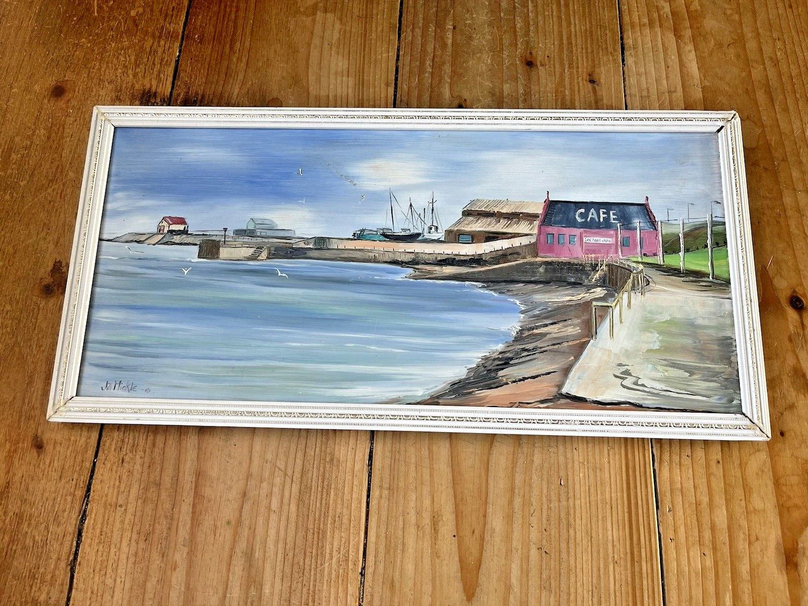 Original Jill Mickle Oil Painting Lifeboat Cafe Newry Beach Holyhead Anglesey photo for sale
