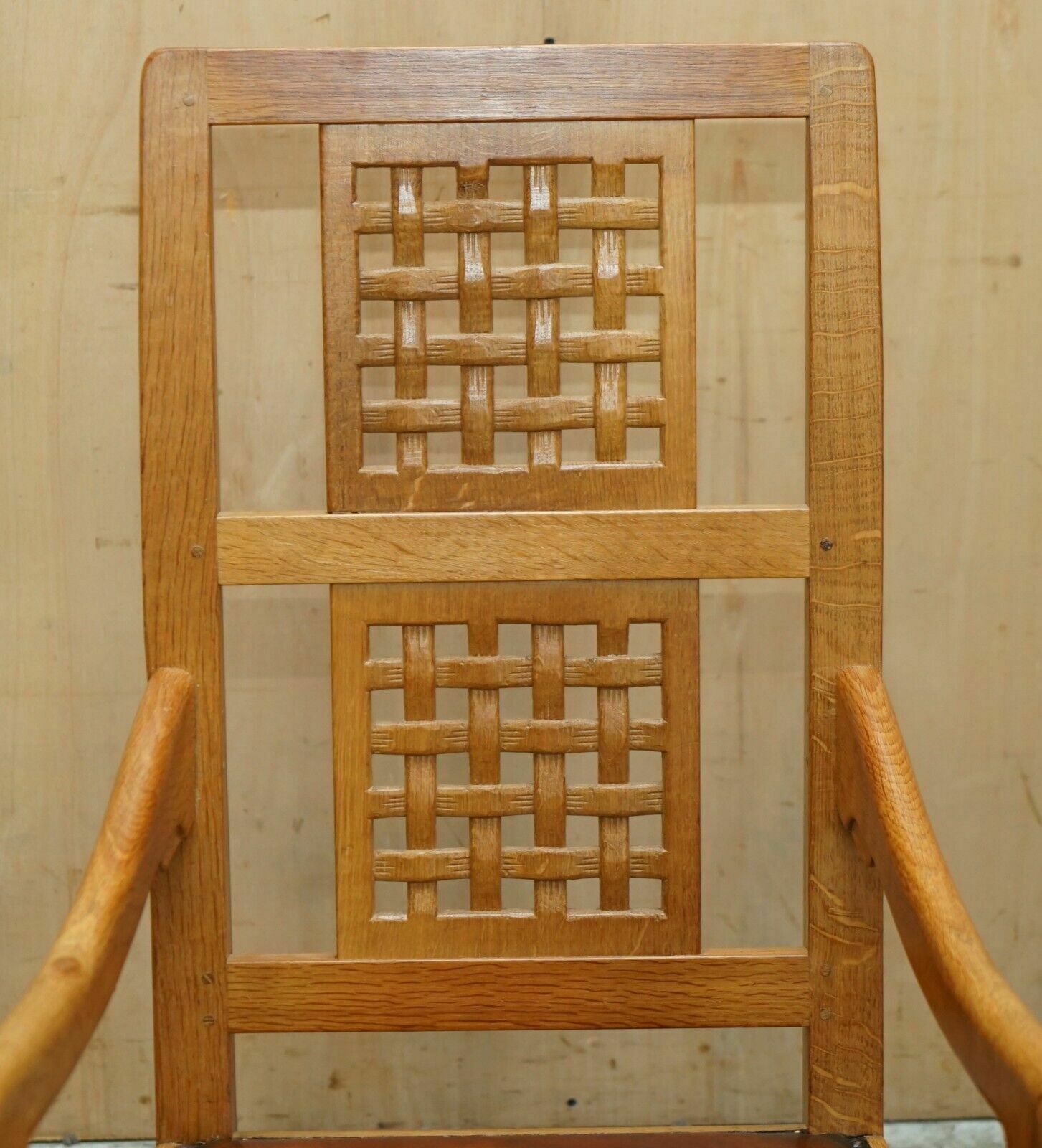 Vintage Robert Mouseman Thompson Rocking Armchair Hand Dyed Brown Leather Seat photo vintage