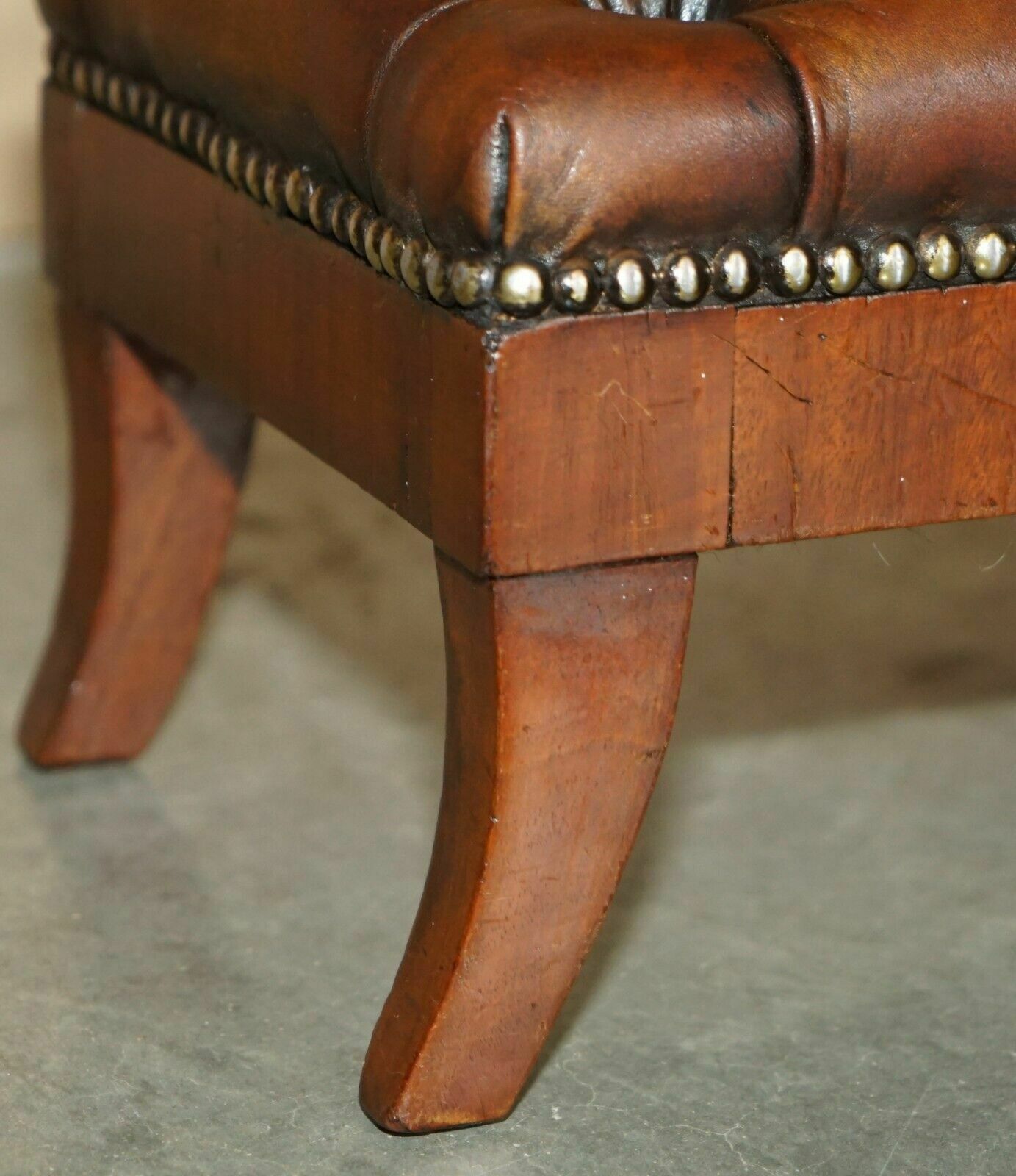 Fully Restored Wingback Armchair Chesterfield Footstool Hand Dyed Brown Leather photo vintage
