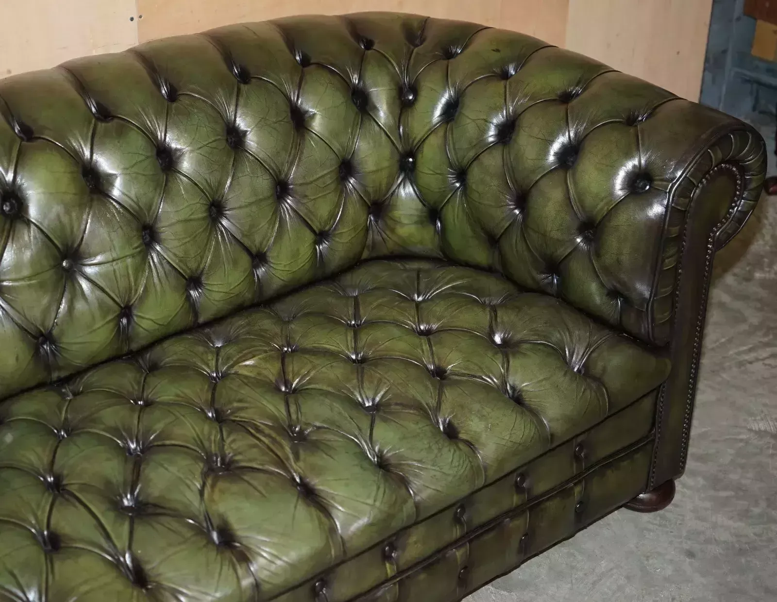 Furniture Vintage Restored Regency Green Leather Circa 1950's Chesterfield Tufted Sofa photo