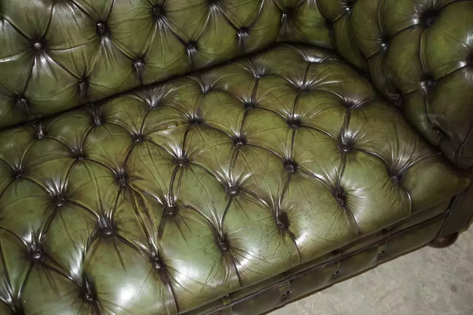 photo buy Vintage Restored Regency Green Leather Circa 1950's Chesterfield Tufted Sofa