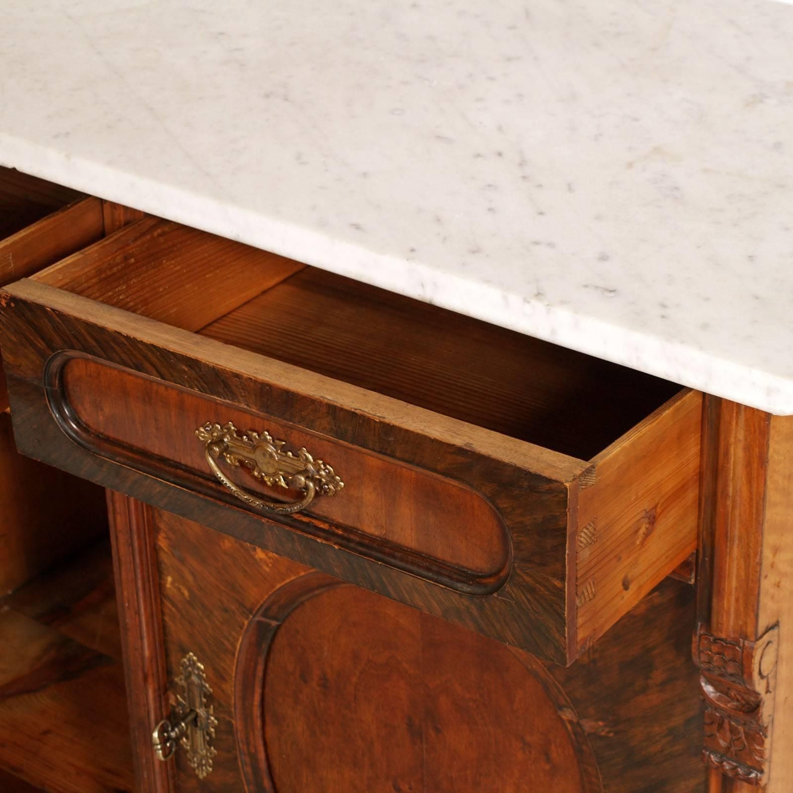 Mid 19th Century Italian Biedermeier Cabinet, Carrara Marble Top Wax Finished photo Furniture