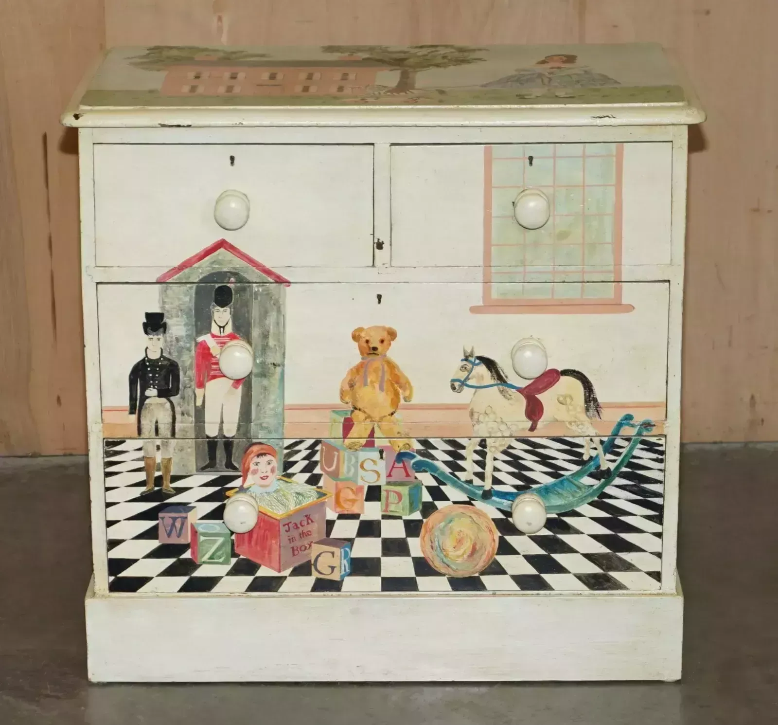Exquisite Antique Victorian Pitch Pine Nursery Hand Painted Chest Of Drawers photo for sale