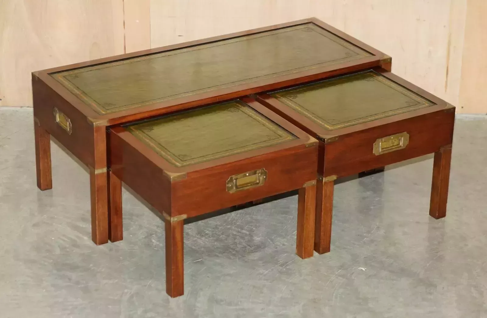 Vintage Over Restored Green Leather Military Campaign Nest Of Coffee Side Tables photo furniture