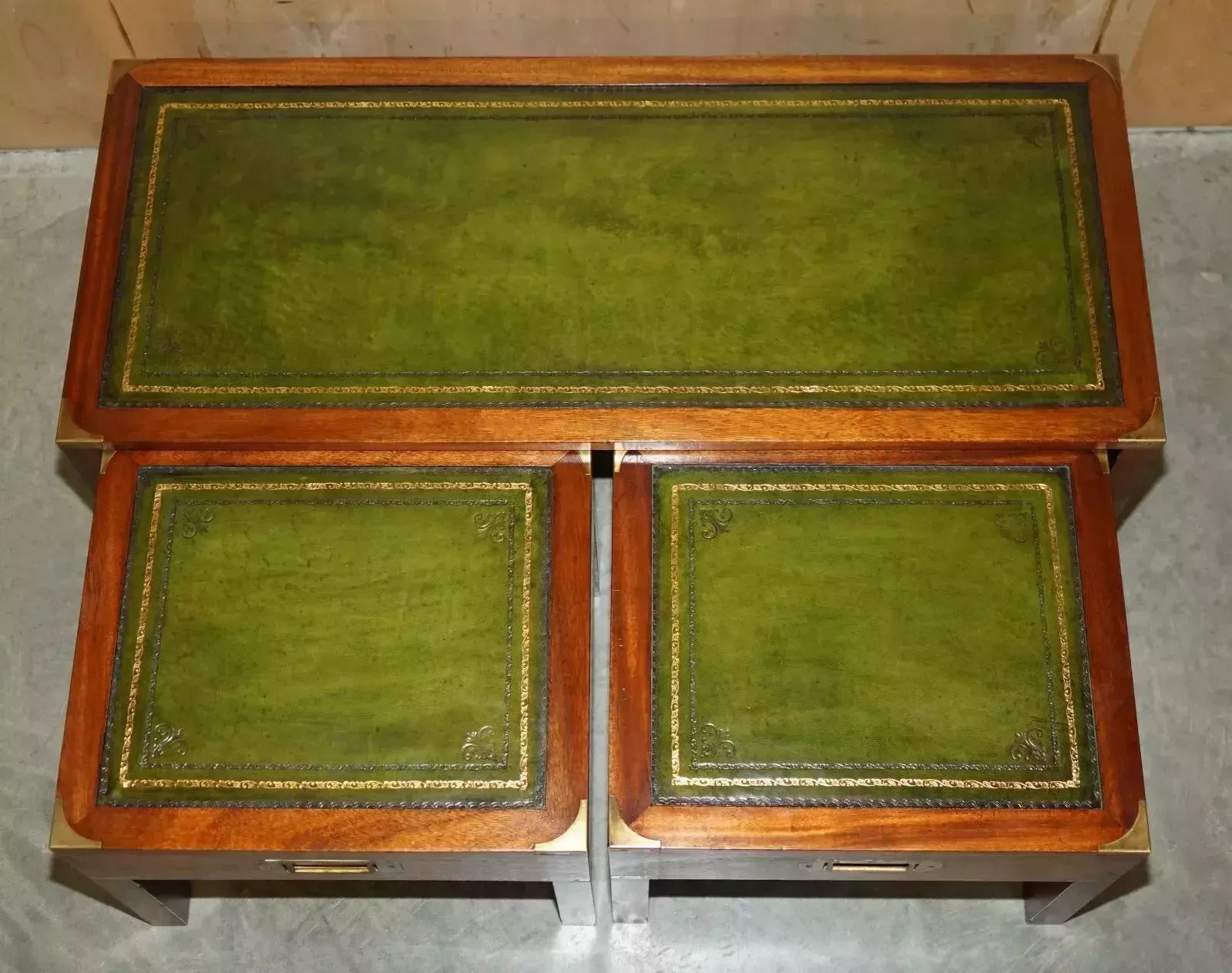 Vintage Over Restored Green Leather Military Campaign Nest Of Coffee Side Tables photo Furniture