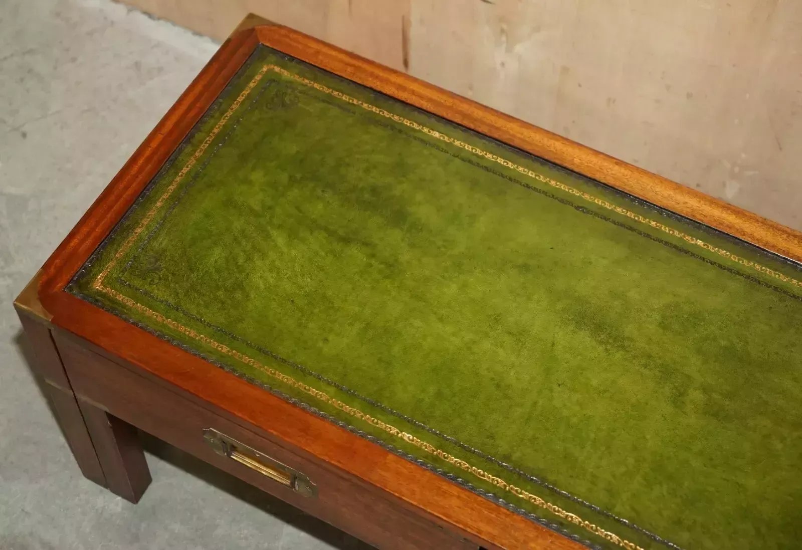 Vintage Over Restored Green Leather Military Campaign Nest Of Coffee Side Tables photo vintage