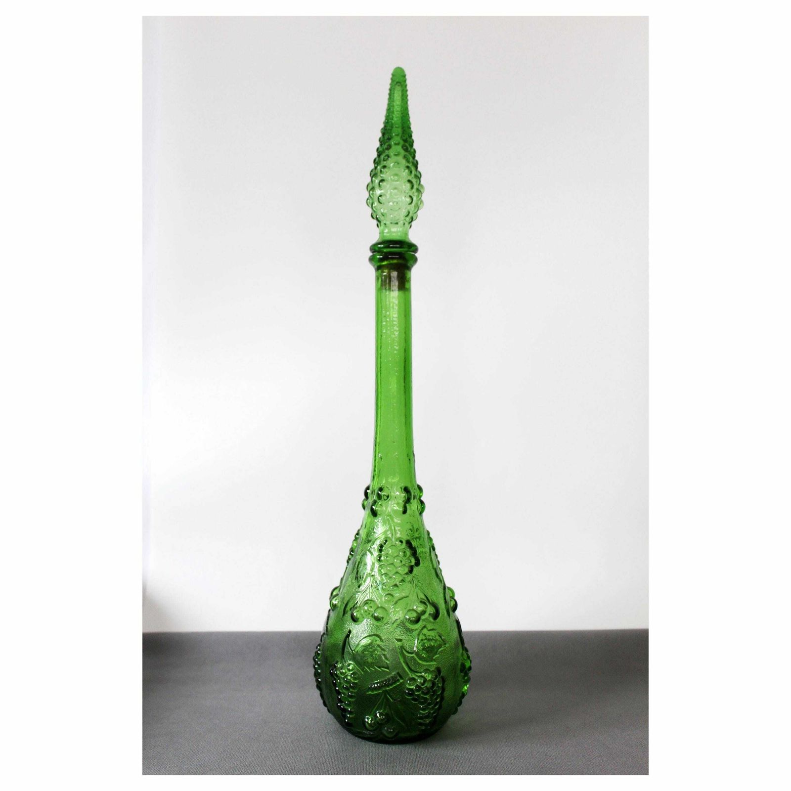 Tall Vintage Empoli Glass Decanter, Grape Cherry Design Emerald Green, 54 Centimeters, Italy Italian Genie Bottle, Bottle Carafe, Mcm Retro