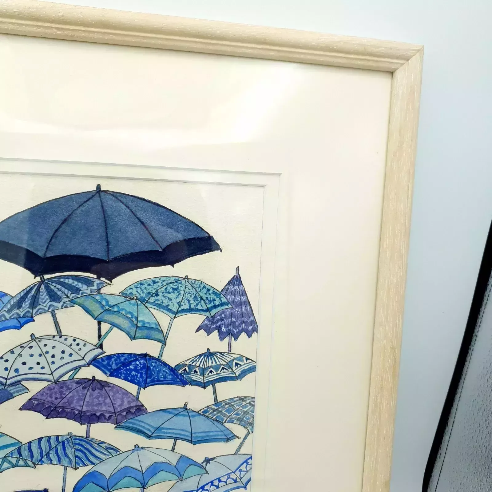 Original Watercolor "Blue Wet Day" By A.M. Allen – Umbrella Artwork, 2007, Frame photo 90.0