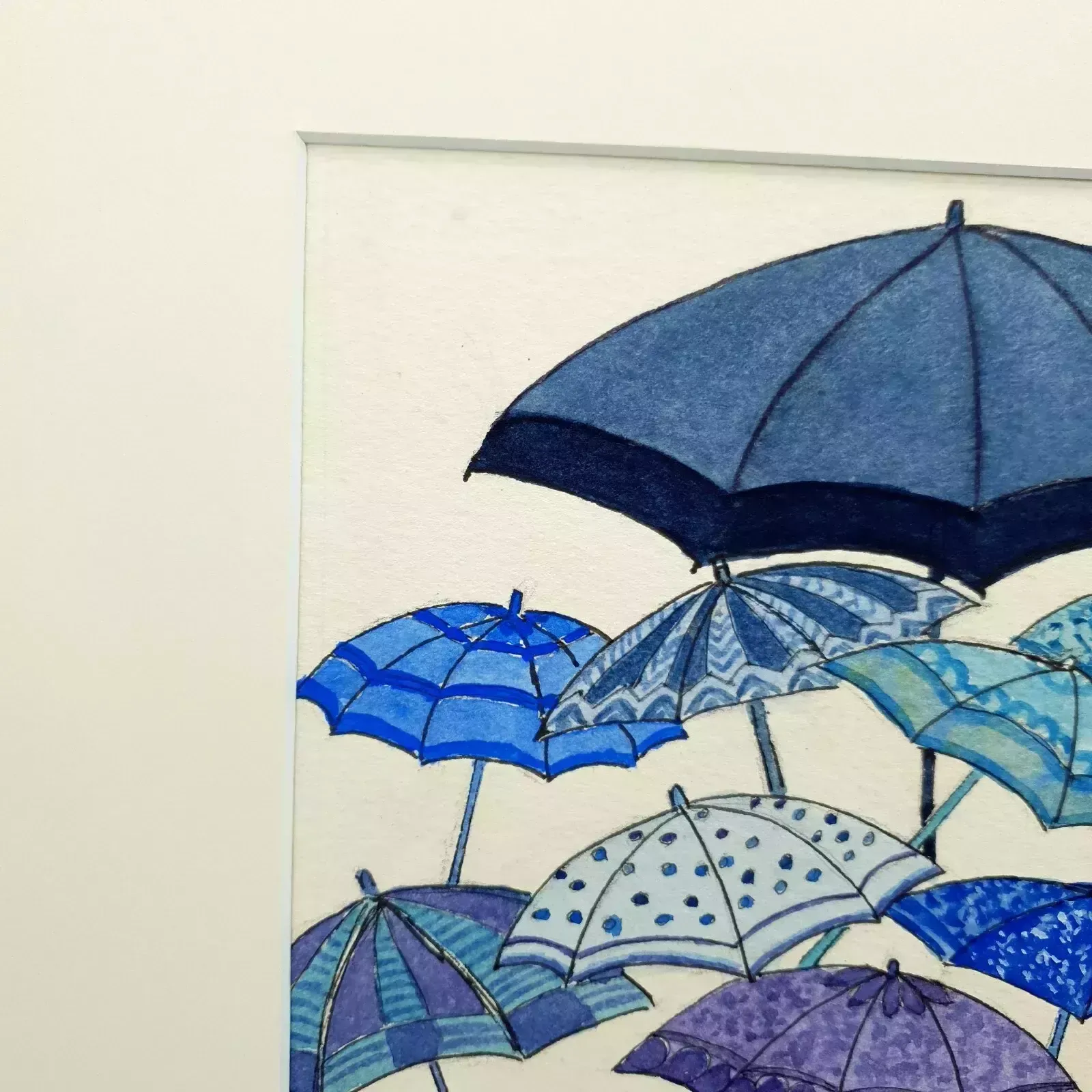 photo for sale Original Watercolor "Blue Wet Day" By A.M. Allen – Umbrella Artwork, 2007, Frame