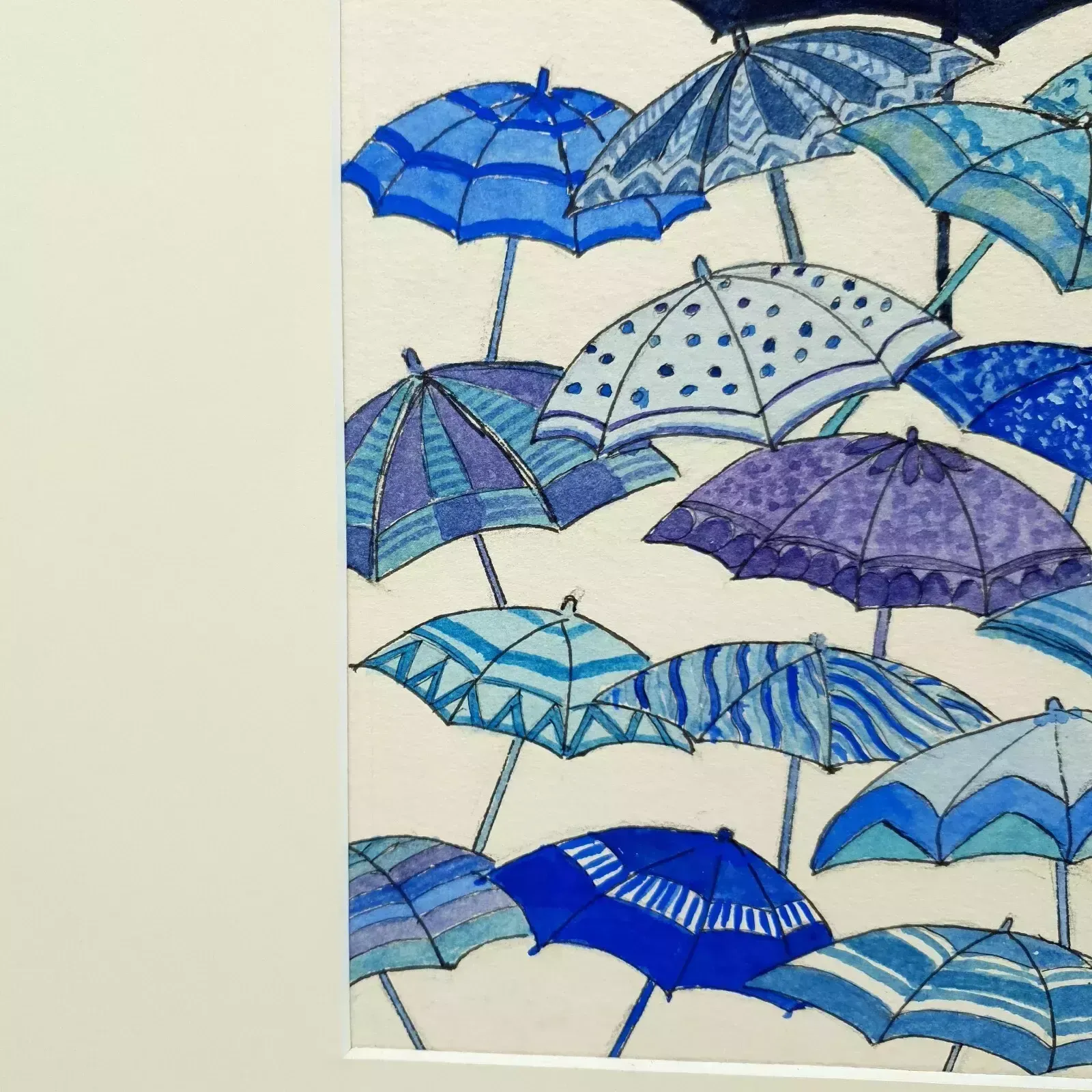 90.0 Original Watercolor "Blue Wet Day" By A.M. Allen – Umbrella Artwork, 2007, Frame photo