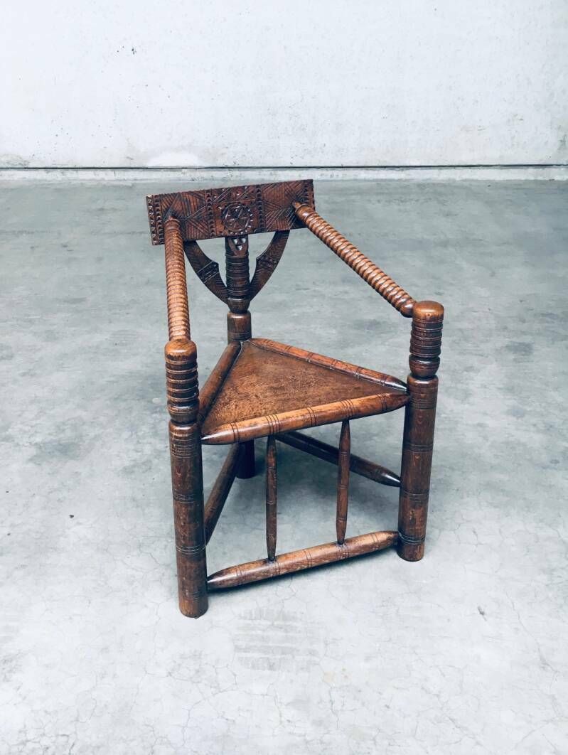 Brutalist Carved Oak Tripod Monk Chair, Sweden 1930's photo furniture