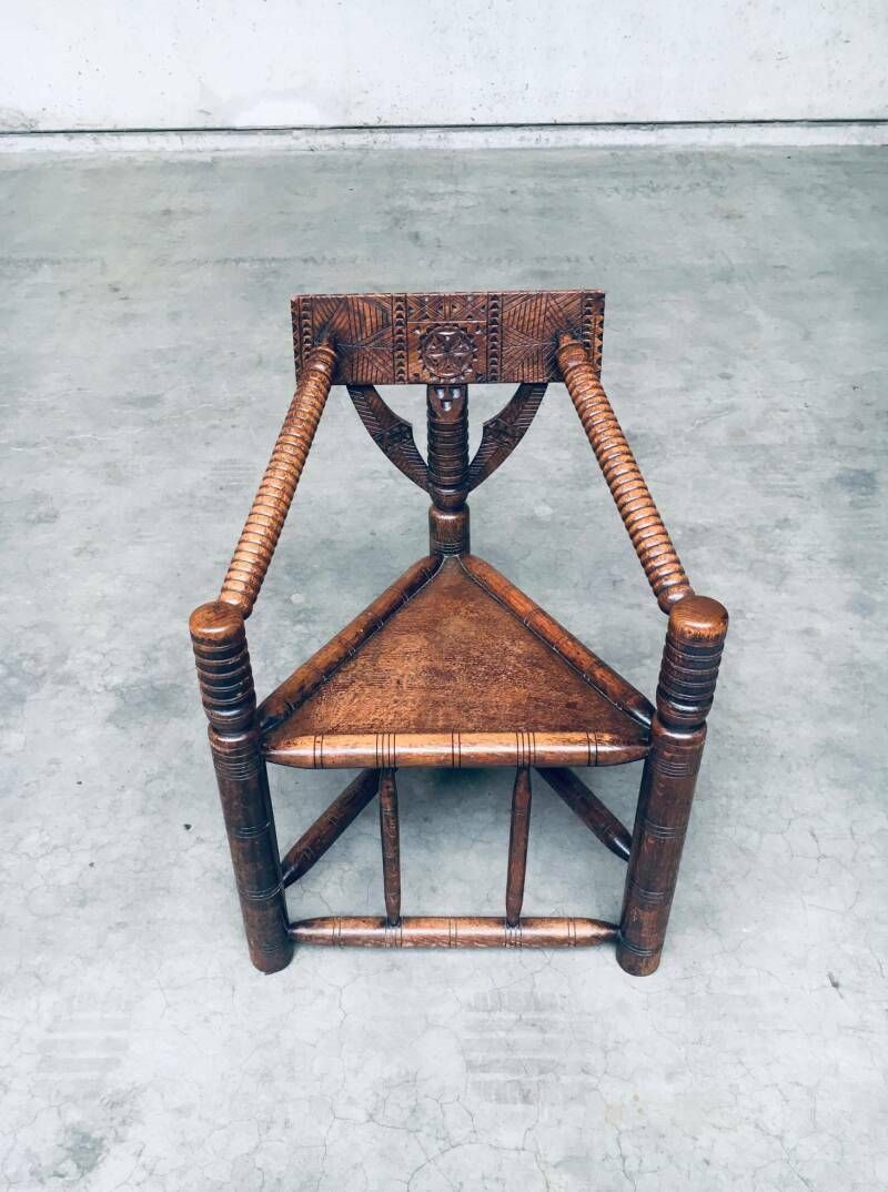 Brutalist Carved Oak Tripod Monk Chair, Sweden 1930's photo 1650.0
