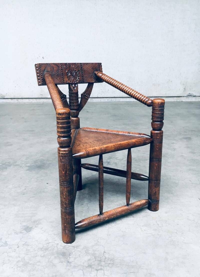 photo furniture Brutalist Carved Oak Tripod Monk Chair, Sweden 1930's