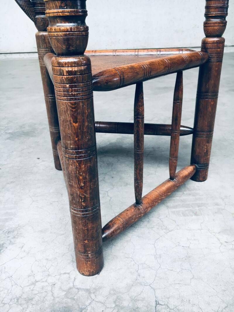 photo buy Brutalist Carved Oak Tripod Monk Chair, Sweden 1930's