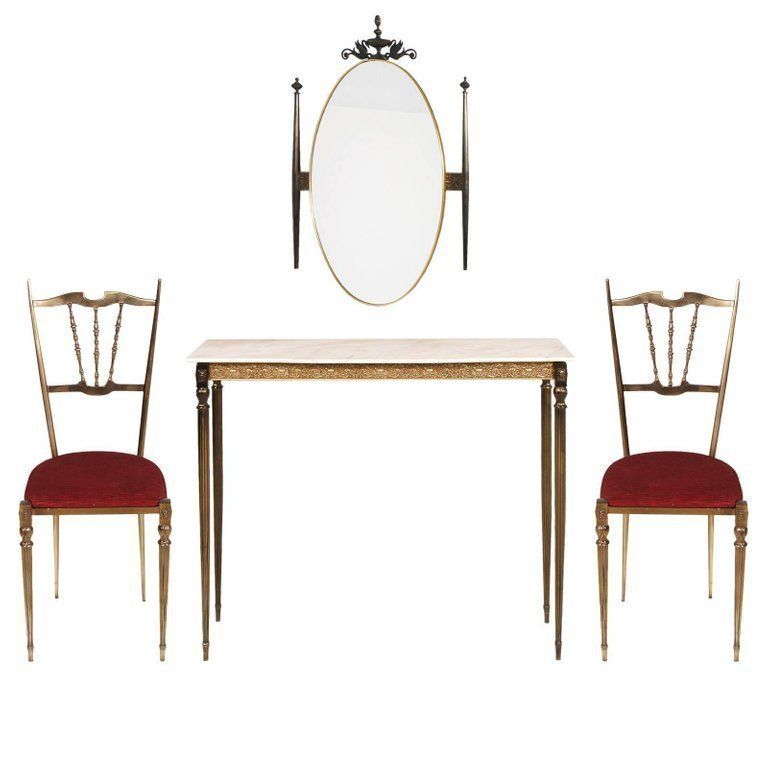 Midcentury Art Nouveau Brass Entrance Console Mirror Chairs Gio Ponti Style
