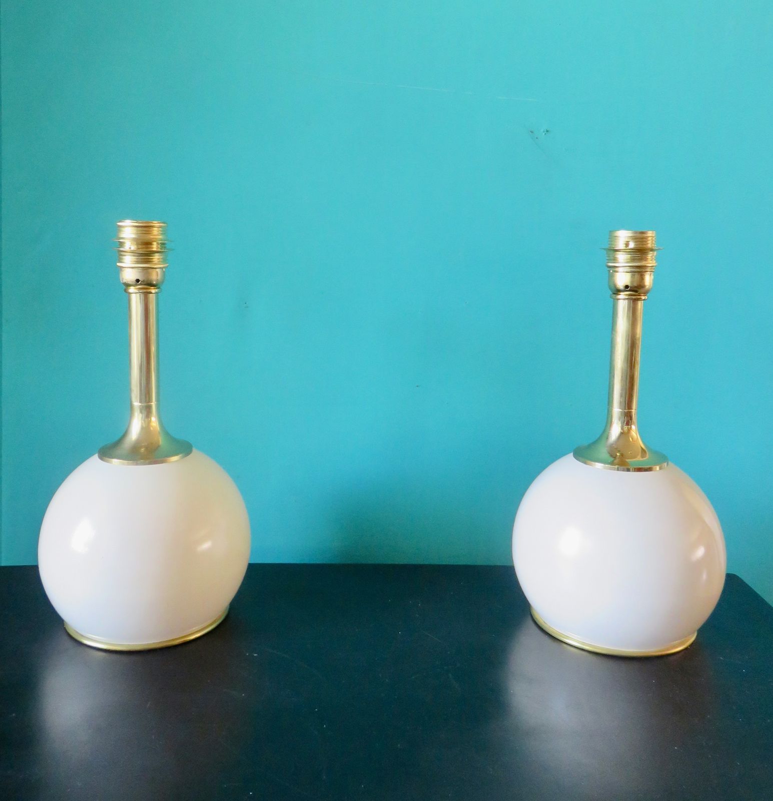 Pair Of Bedside Lamps In Brass And Ecru Lacquered Metal. Denmark 1960 photo furniture