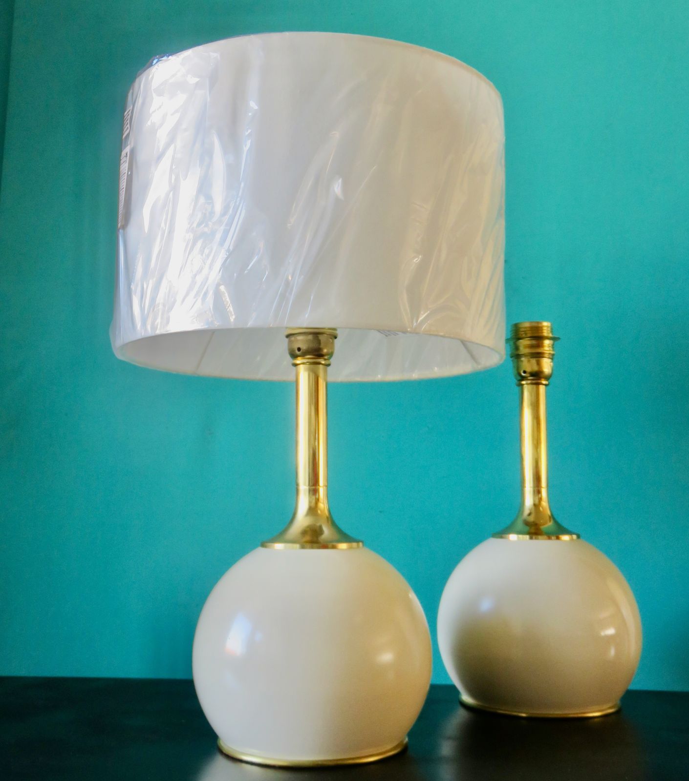 Pair Of Bedside Lamps In Brass And Ecru Lacquered Metal. Denmark 1960 photo for sale