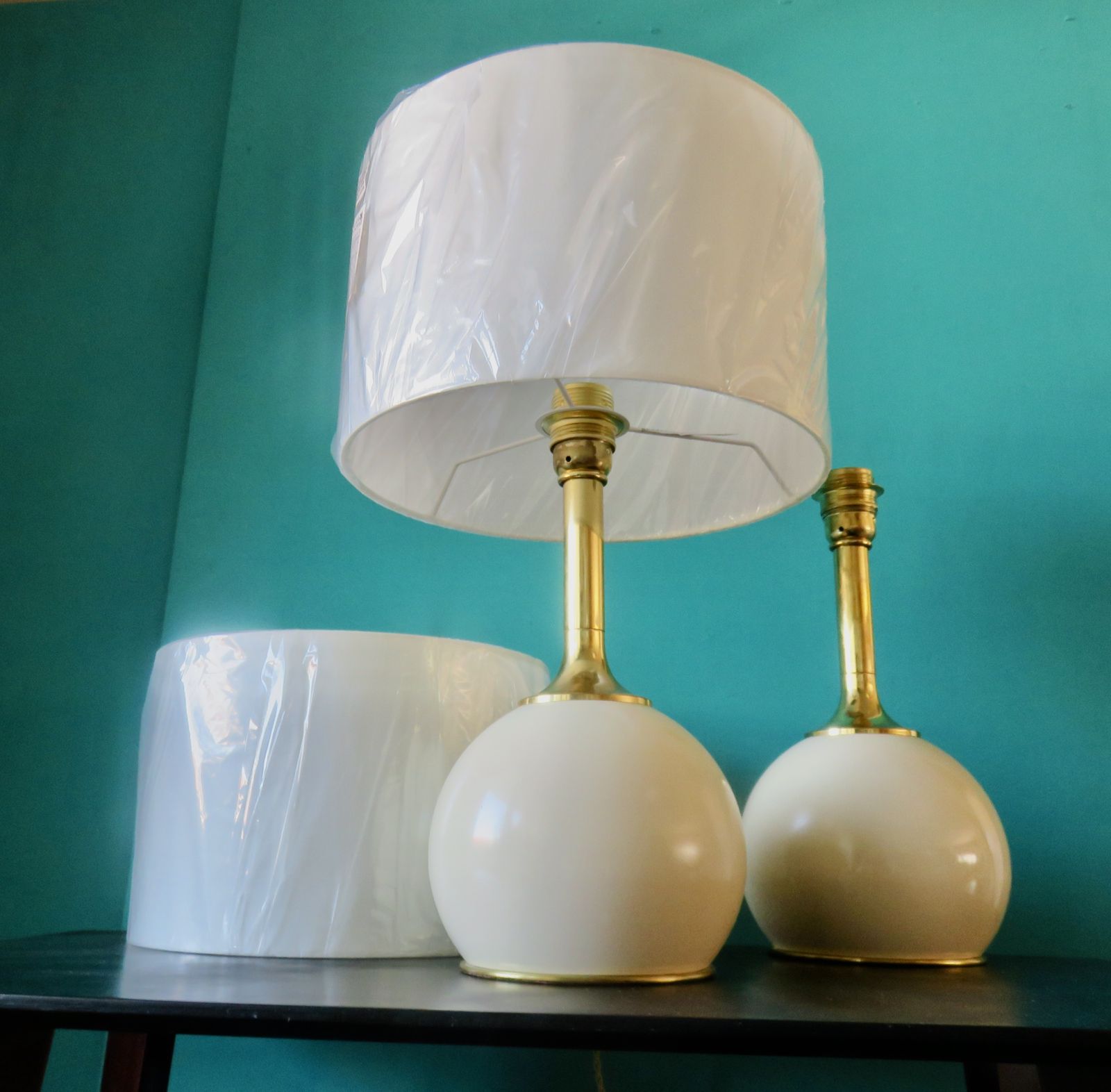 Pair Of Bedside Lamps In Brass And Ecru Lacquered Metal. Denmark 1960 photo 460.0