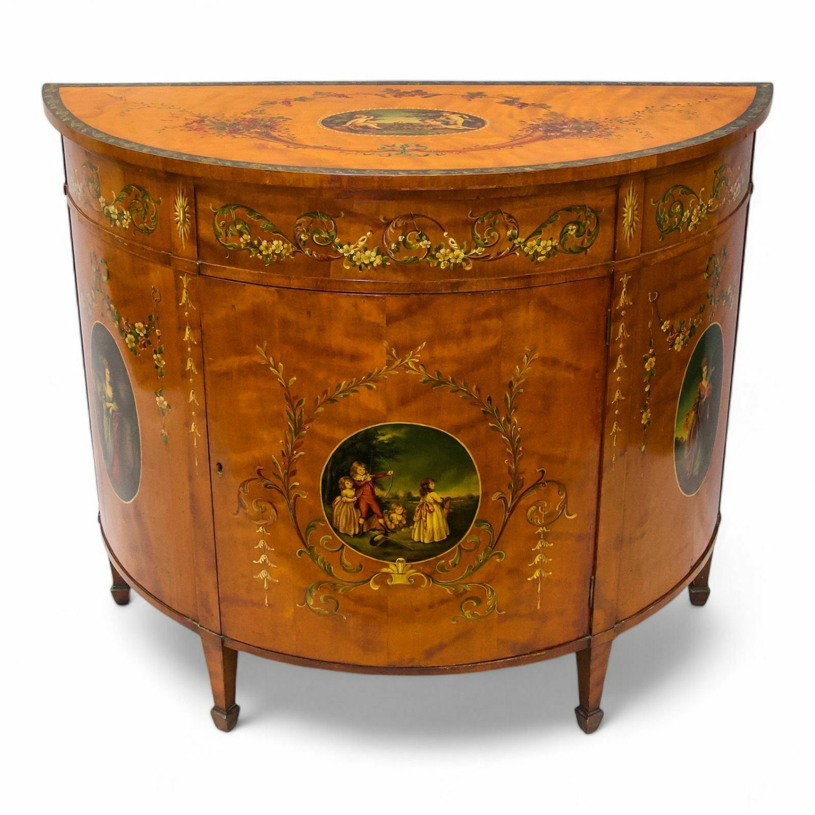 A Satinwood Painted Demi Lune Cabinet