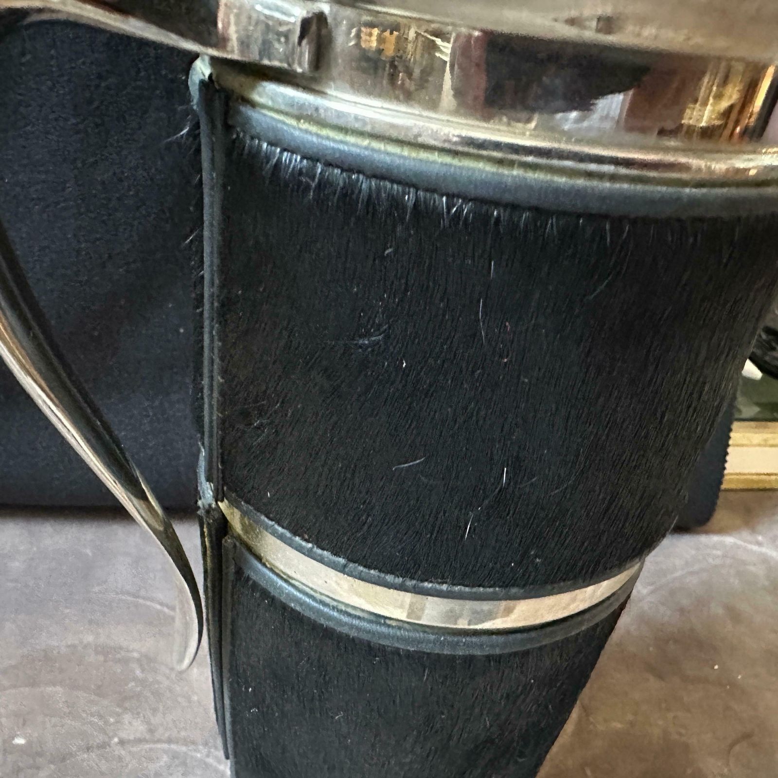 1980s Modernist Black Cavallino And Silver Plated Italian Thermos Carafe photo furniture