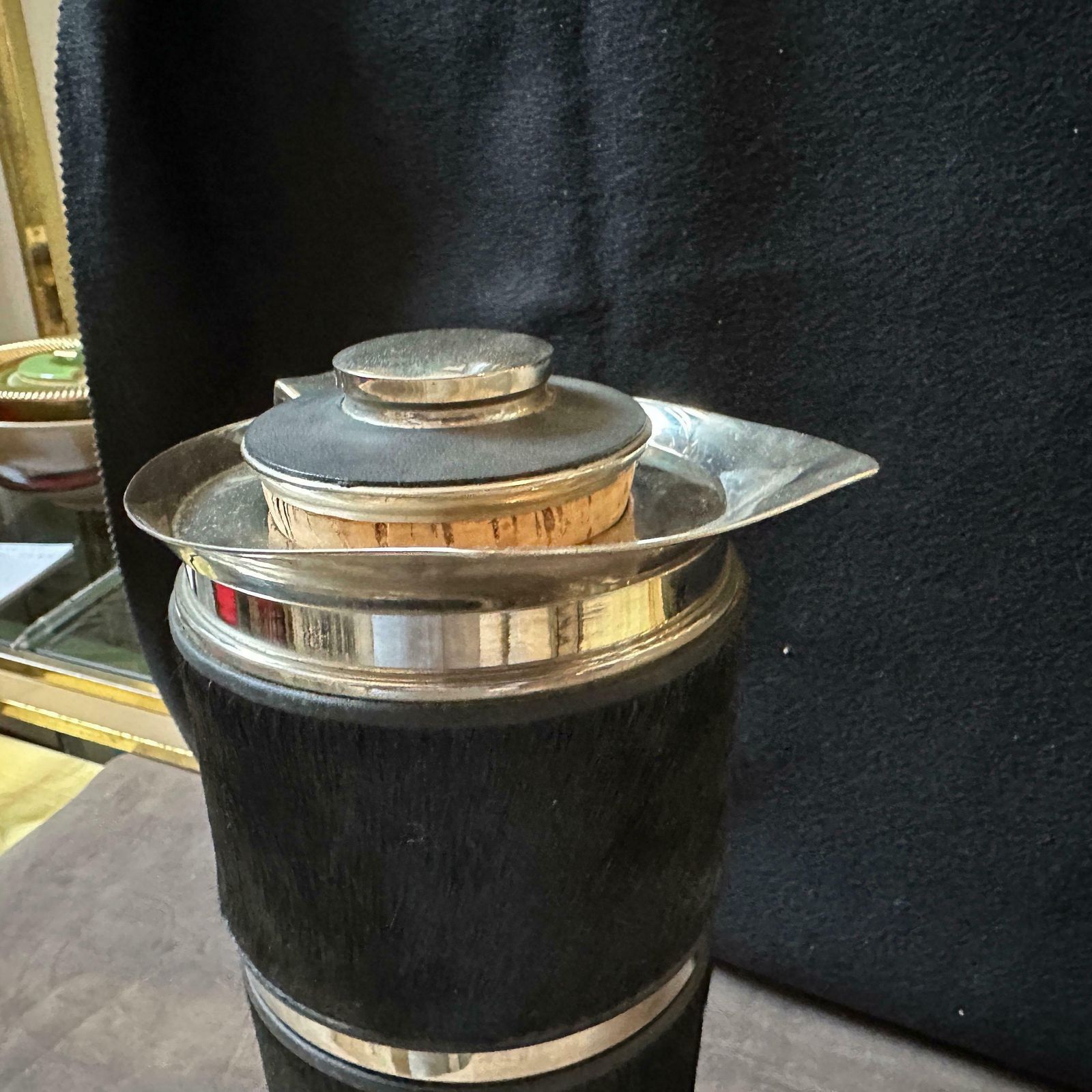 1980s Modernist Black Cavallino And Silver Plated Italian Thermos Carafe photo vintage