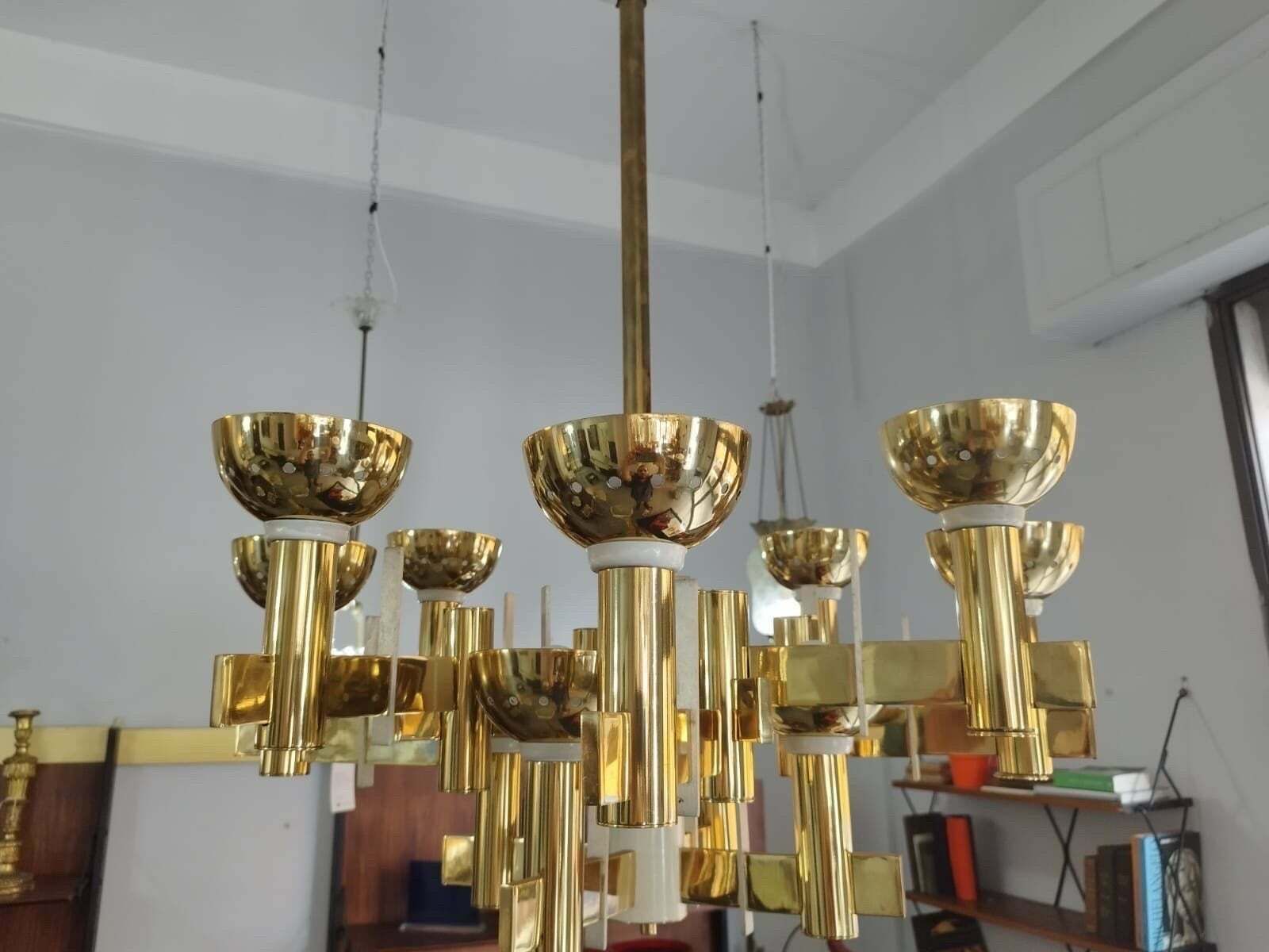 1960s Mid Century Modern Brass And White Painted Metal Chandelier photo furniture