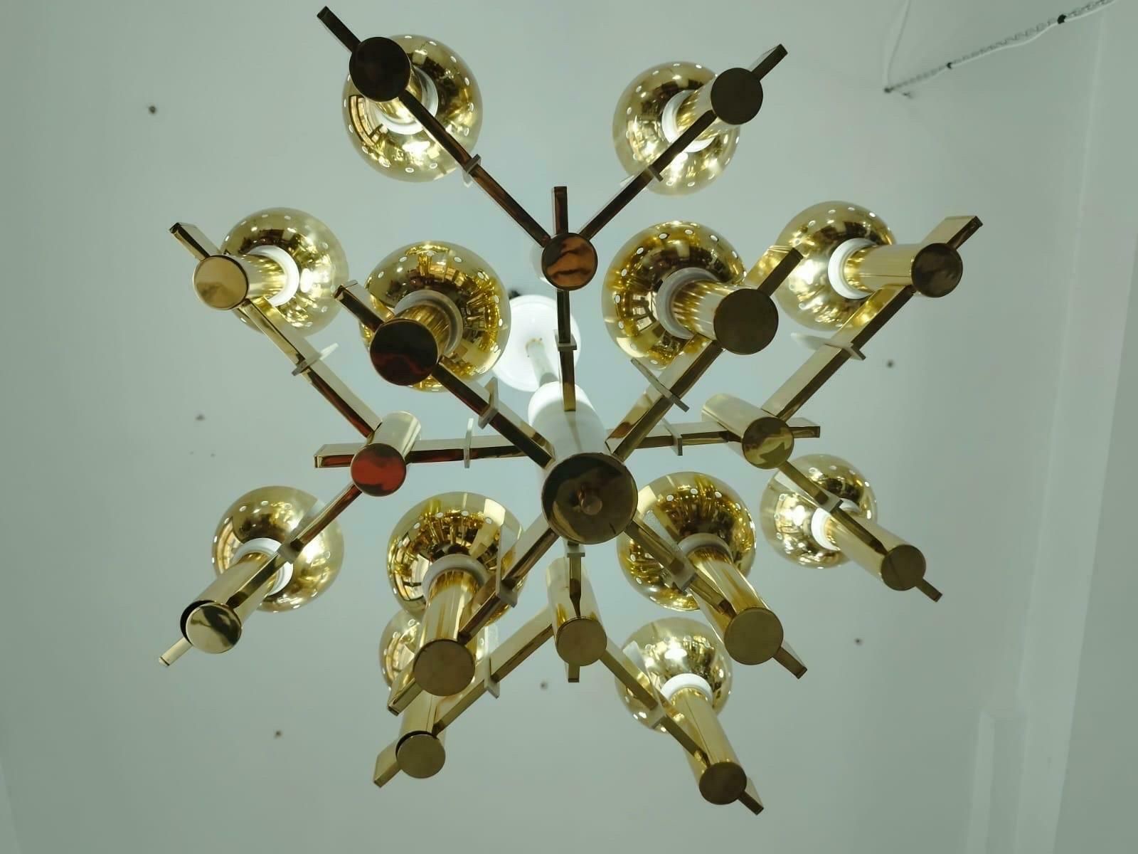 1960s Mid Century Modern Brass And White Painted Metal Chandelier photo vintage