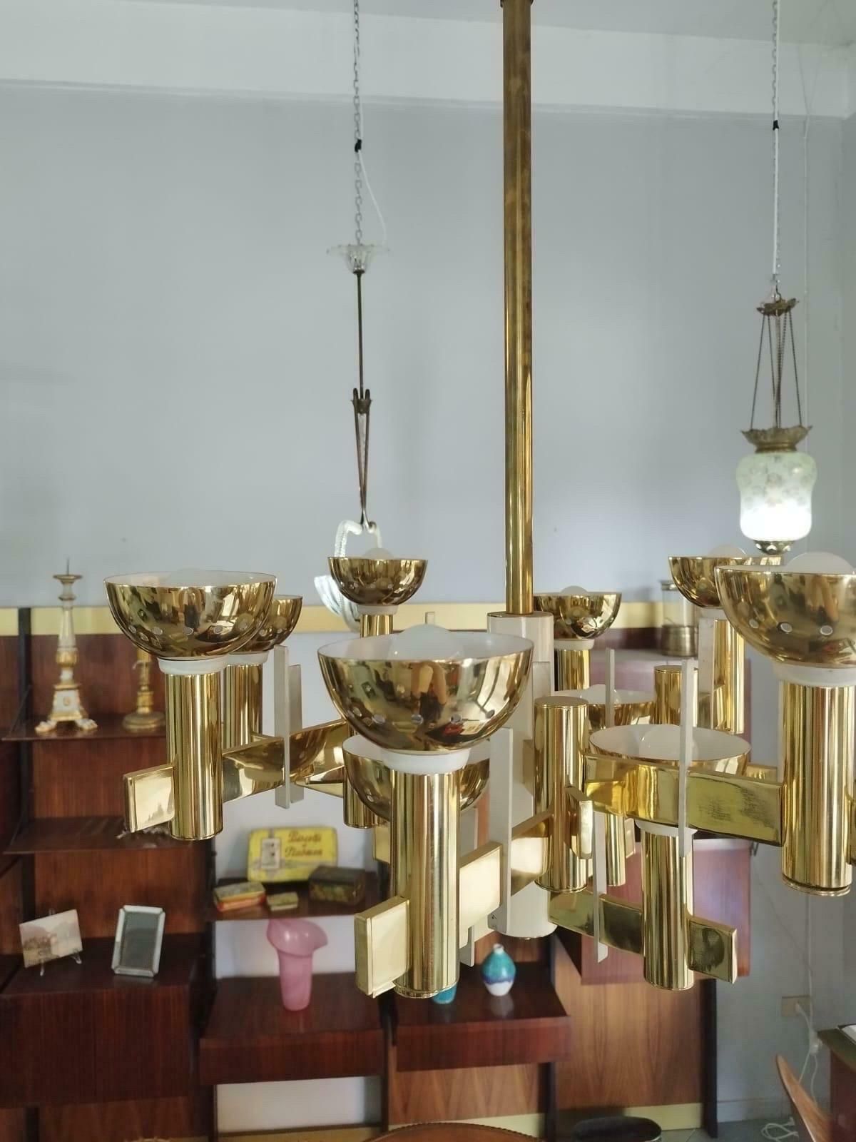 photo furniture 1960s Mid Century Modern Brass And White Painted Metal Chandelier