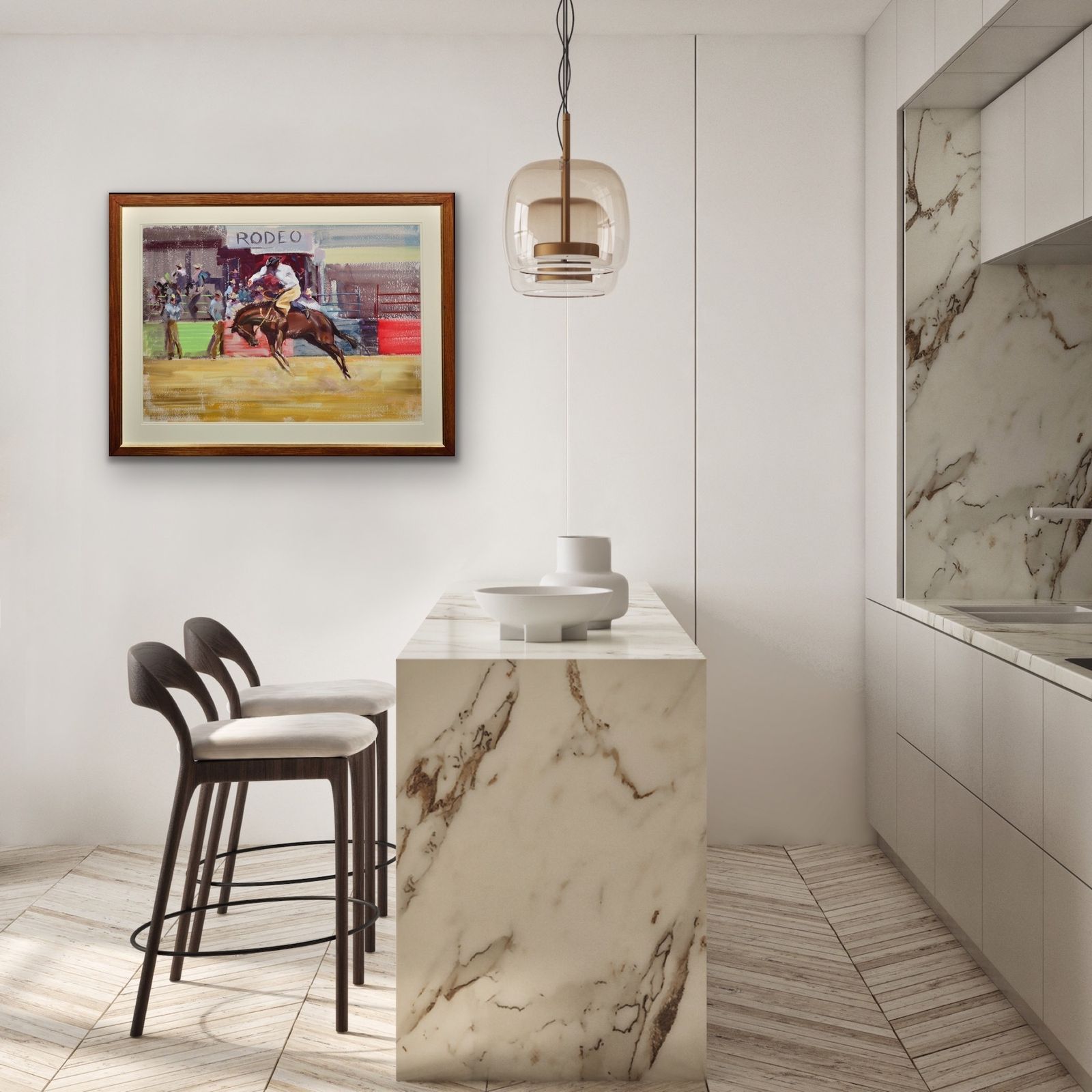 photo vintage John Rattenbury Skeaping 1901 To 1980. Rodeo. Bareback Bronco, 1966. Framed Mid 20th Century Horse Painting. Cowboy On A Bucking Horse.