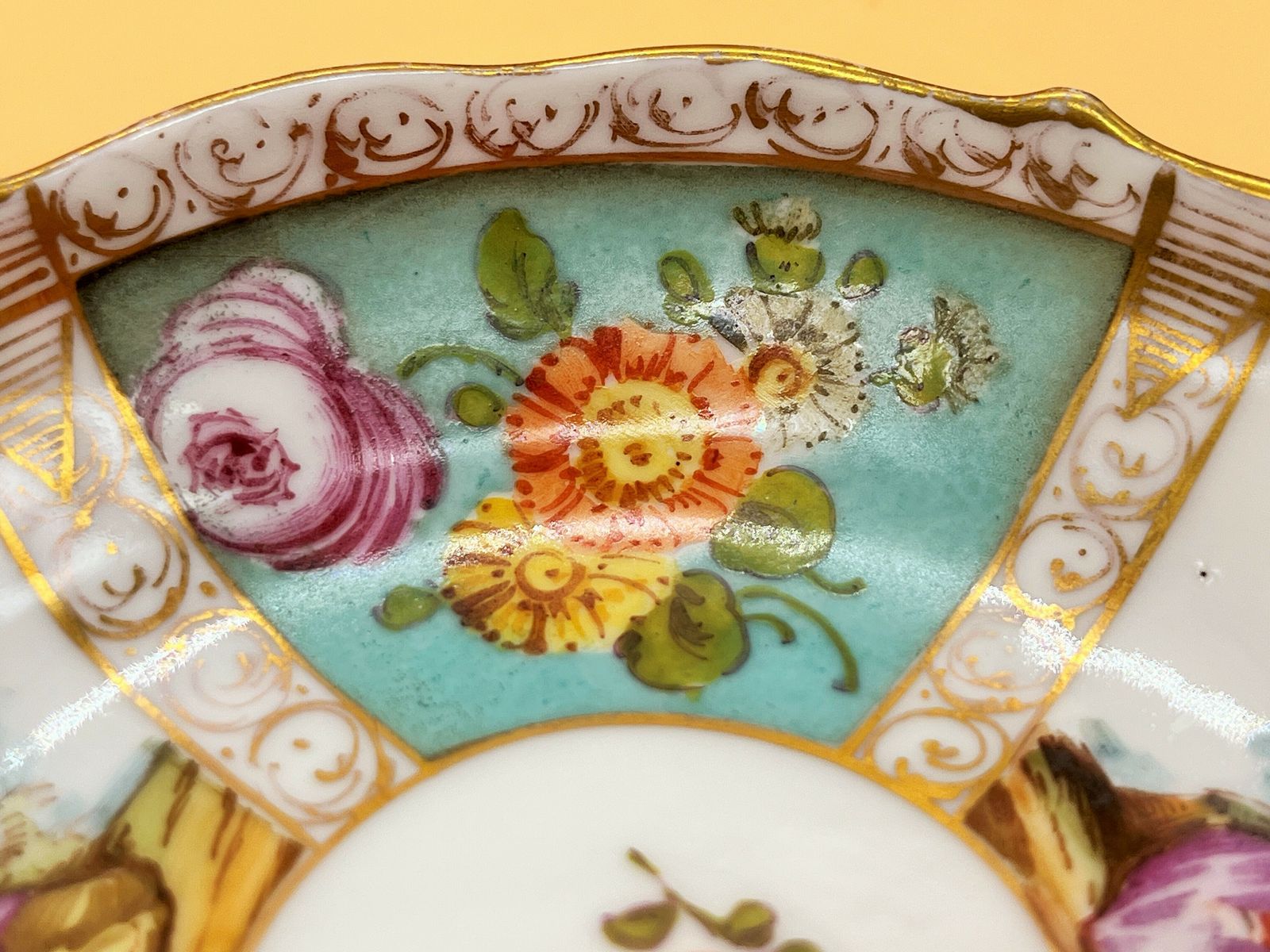Antique Meissen Porcelain Helena Wolfsohn Watteau Scenes Quatrefoil Cup And Saucer Duo. C1820's. photo buy