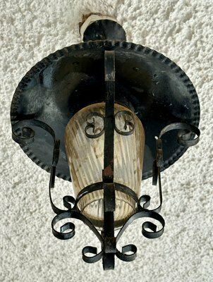 French Iron And Tole Glass Paneled Lantern, 1970s, Set Of 2 photo for sale