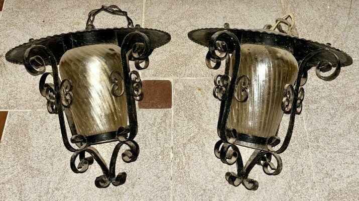 photo furniture French Iron And Tole Glass Paneled Lantern, 1970s, Set Of 2