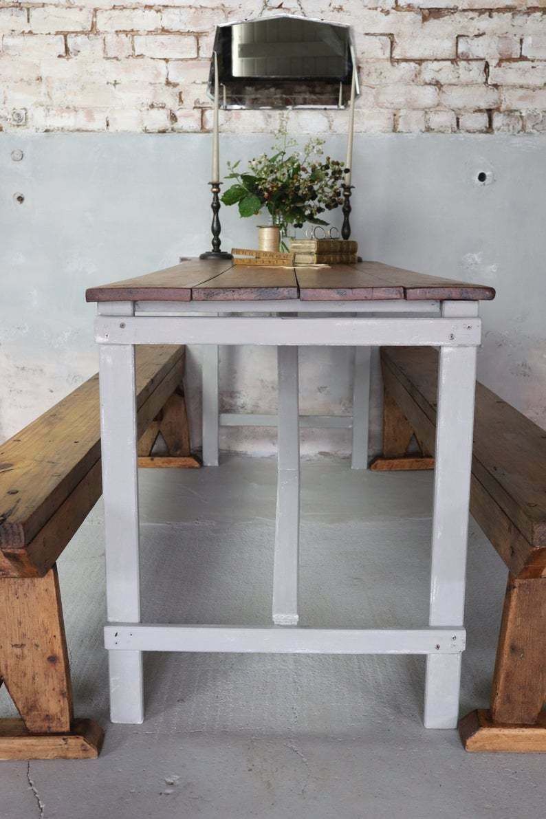 Vintage Pine Trestle Table, Aged Plank Top And French Grey Painted Folding Legs photo 350.0