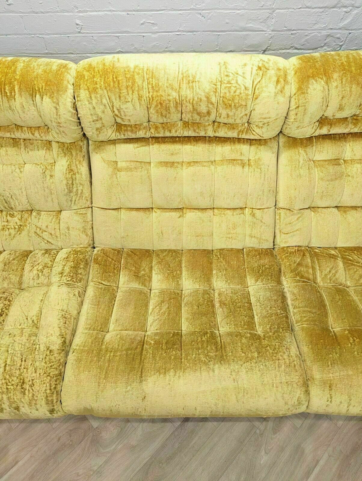 Mid Century Vintage Swedish Crushed Yellow Velour & Beech 3 Seater Sofa 1970s photo for sale