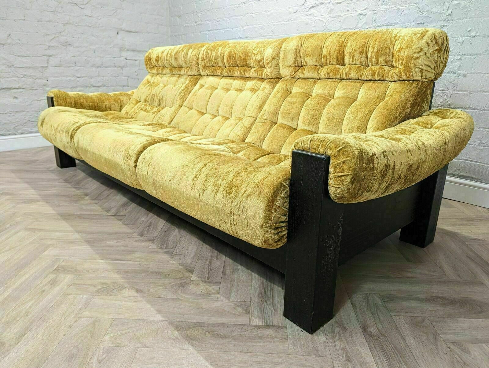 Mid Century Vintage Swedish Crushed Yellow Velour & Beech 3 Seater Sofa 1970s photo 2000.0