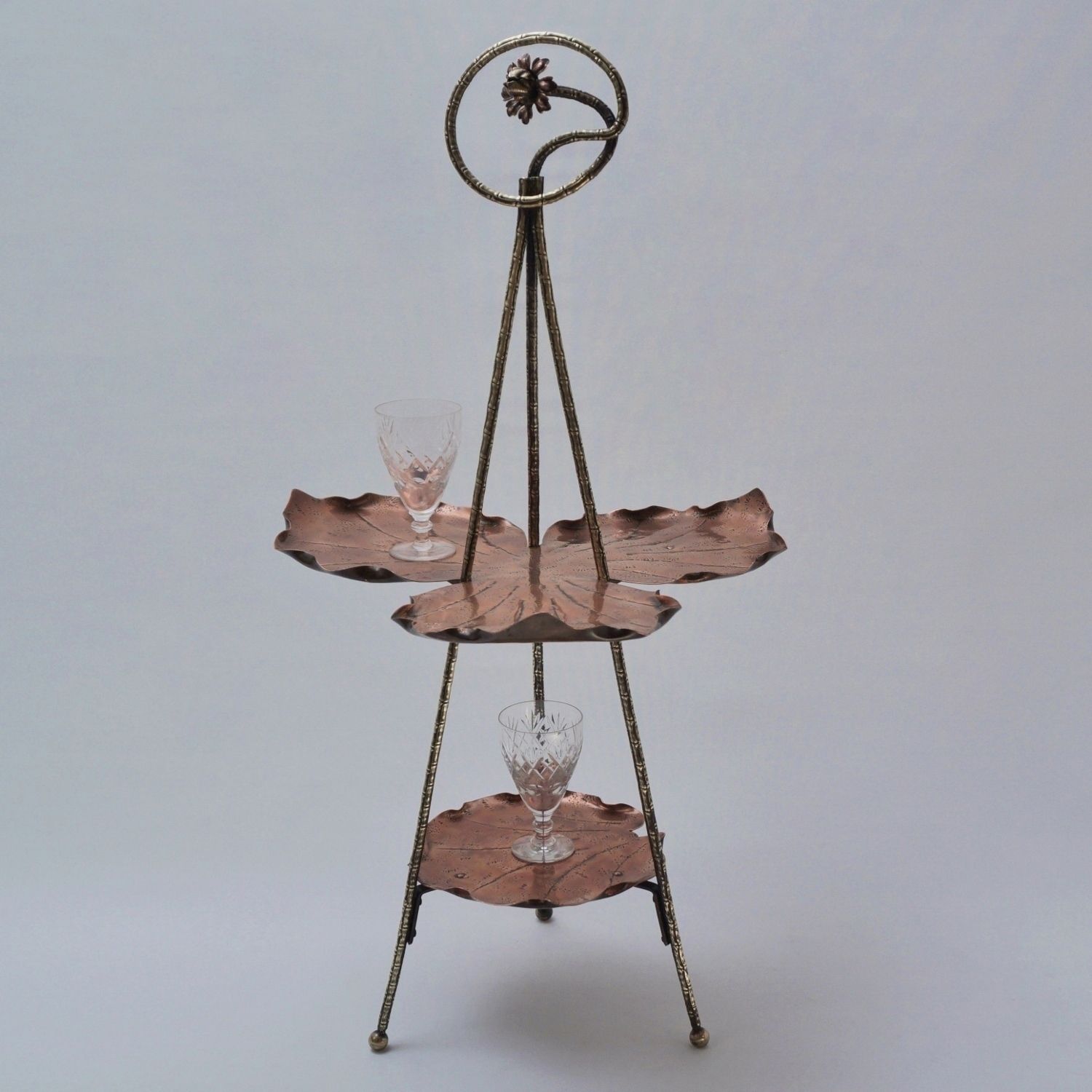 Antique Aesthetic Movement Cake Stand/Display Side Table By Townshend Of Birmingham, Copper Acanthus Leaf Pattern & Brass Bamboo, 1880's Ca, English photo furniture