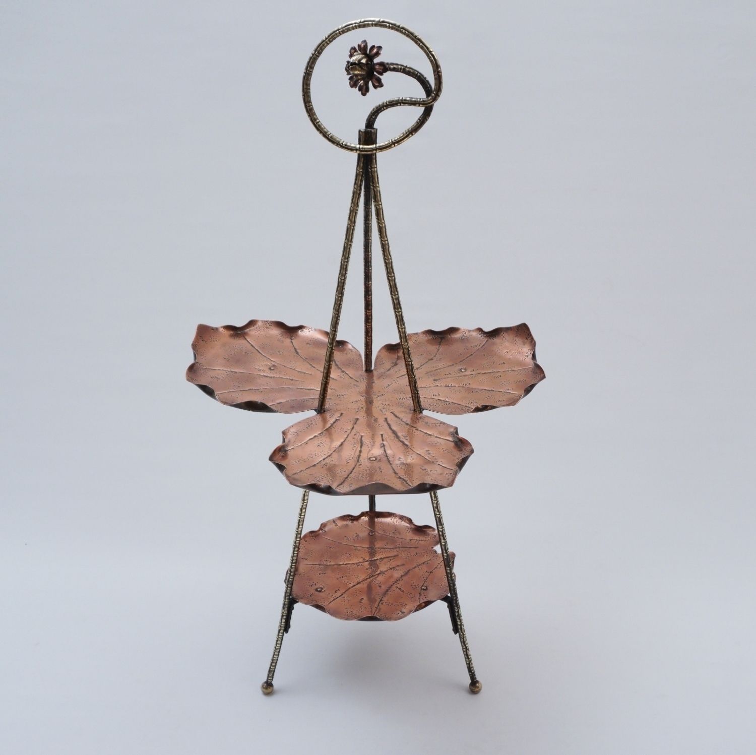 Antique Aesthetic Movement Cake Stand/Display Side Table By Townshend Of Birmingham, Copper Acanthus Leaf Pattern & Brass Bamboo, 1880's Ca, English photo for sale