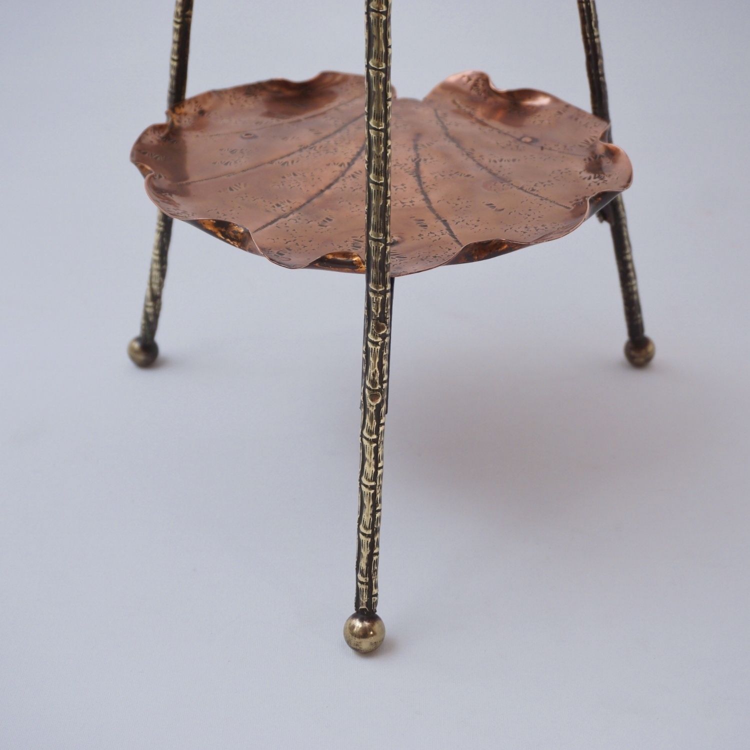 Antique Aesthetic Movement Cake Stand/Display Side Table By Townshend Of Birmingham, Copper Acanthus Leaf Pattern & Brass Bamboo, 1880's Ca, English photo vinterior
