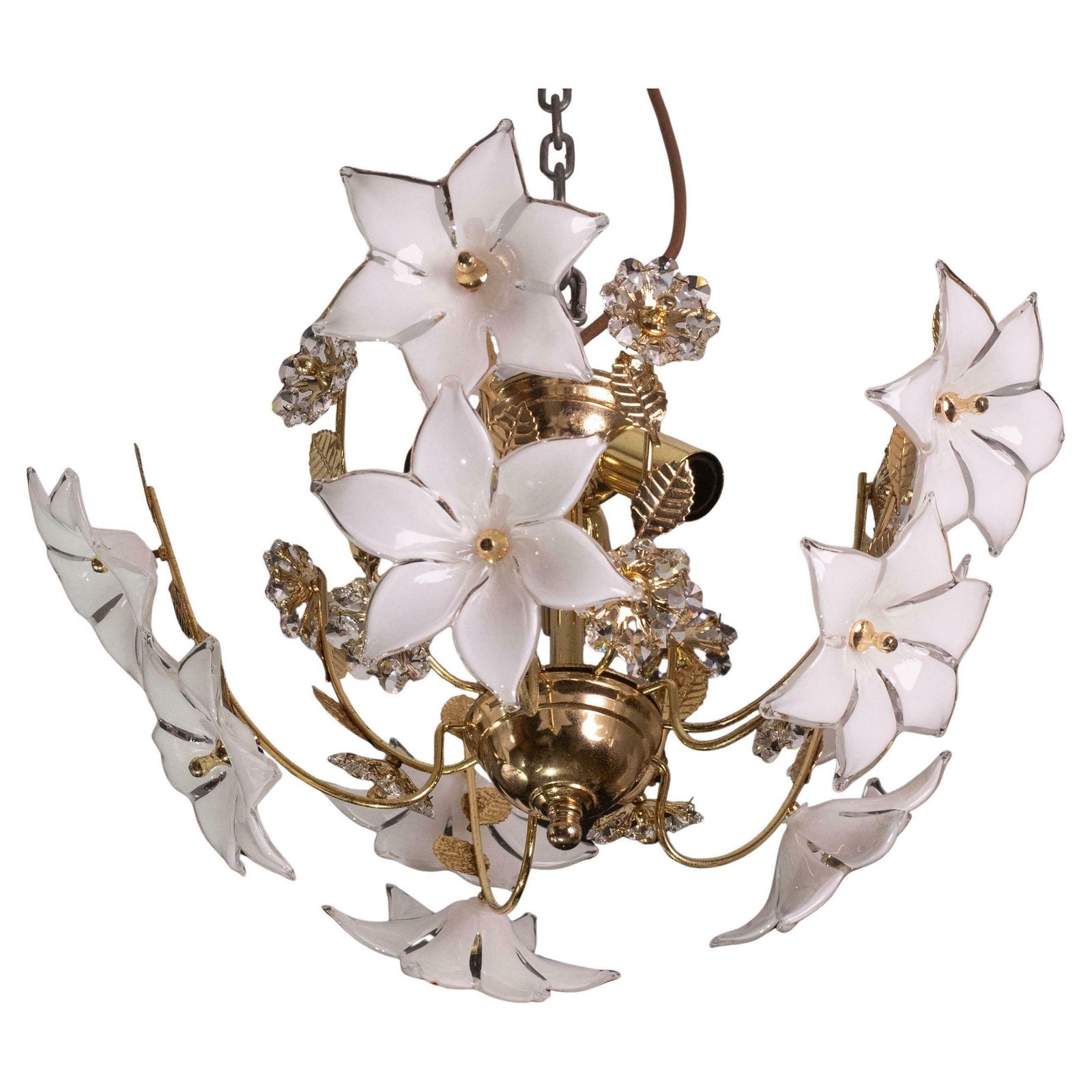 Charming Murano And Crystal Glass Vintage Ceiling Light White Flowers, 1970s