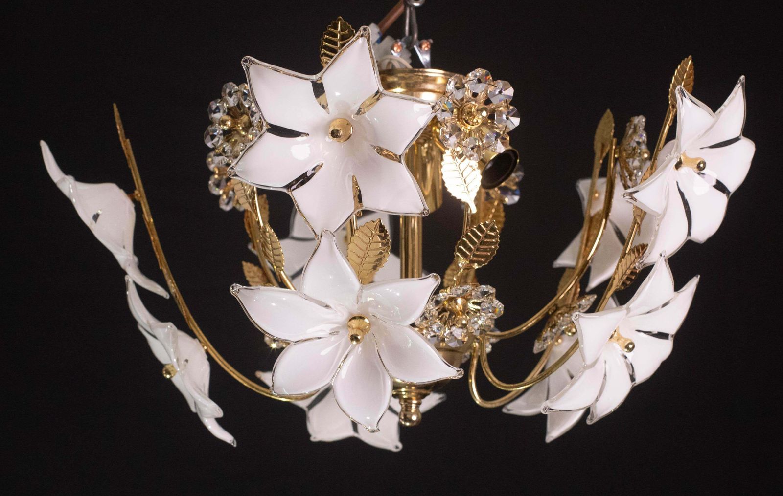 Charming Murano And Crystal Glass Vintage Ceiling Light White Flowers, 1970s photo for sale