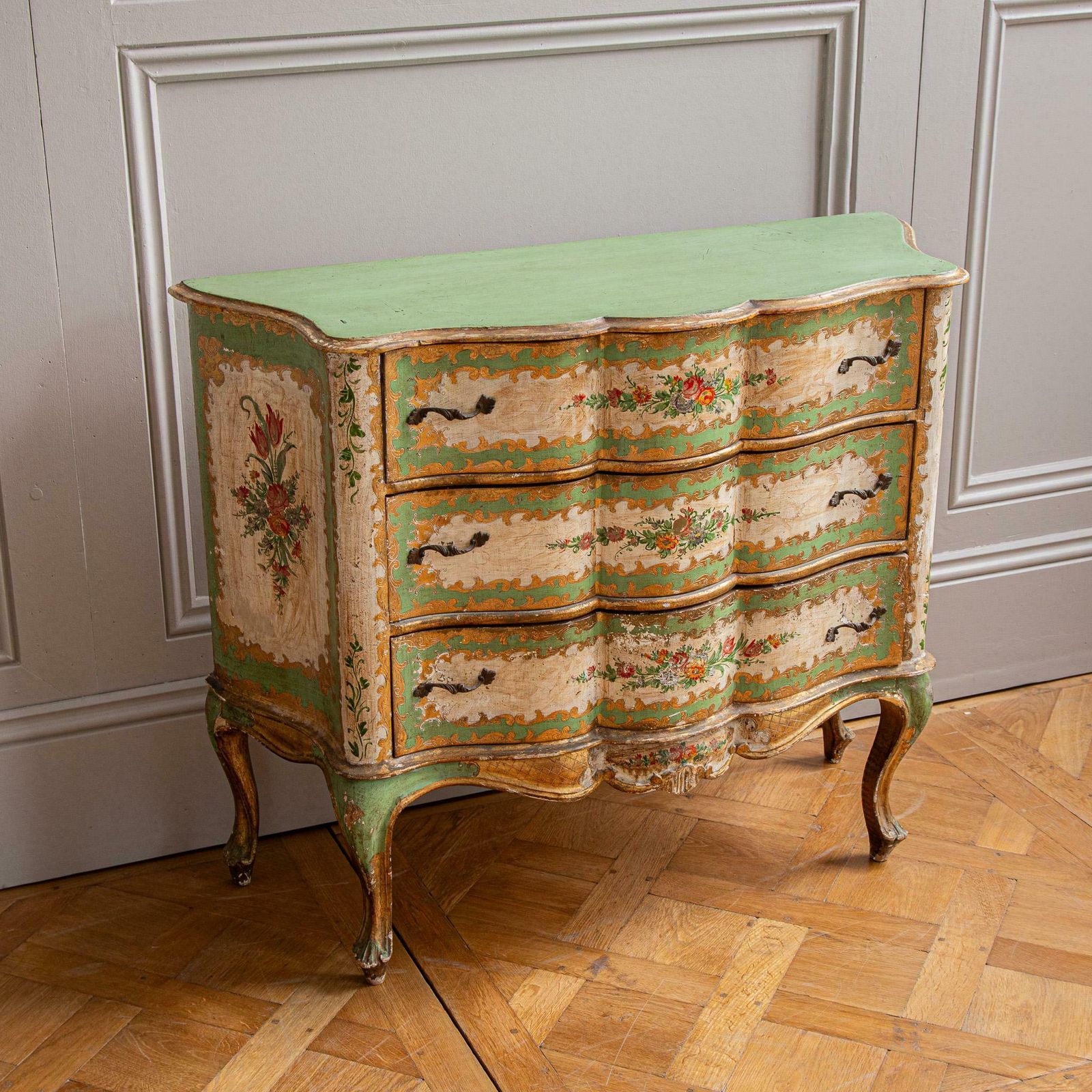 photo furniture Serpentine Commode, 18th Century Style Italian Floral Painted And Gilt