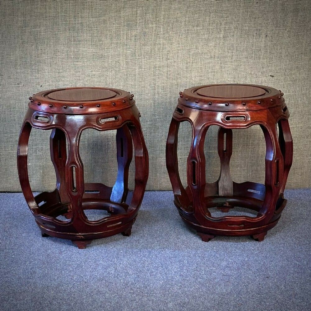Attractive Pair Oriental Carved Cherrywood Stools Stands