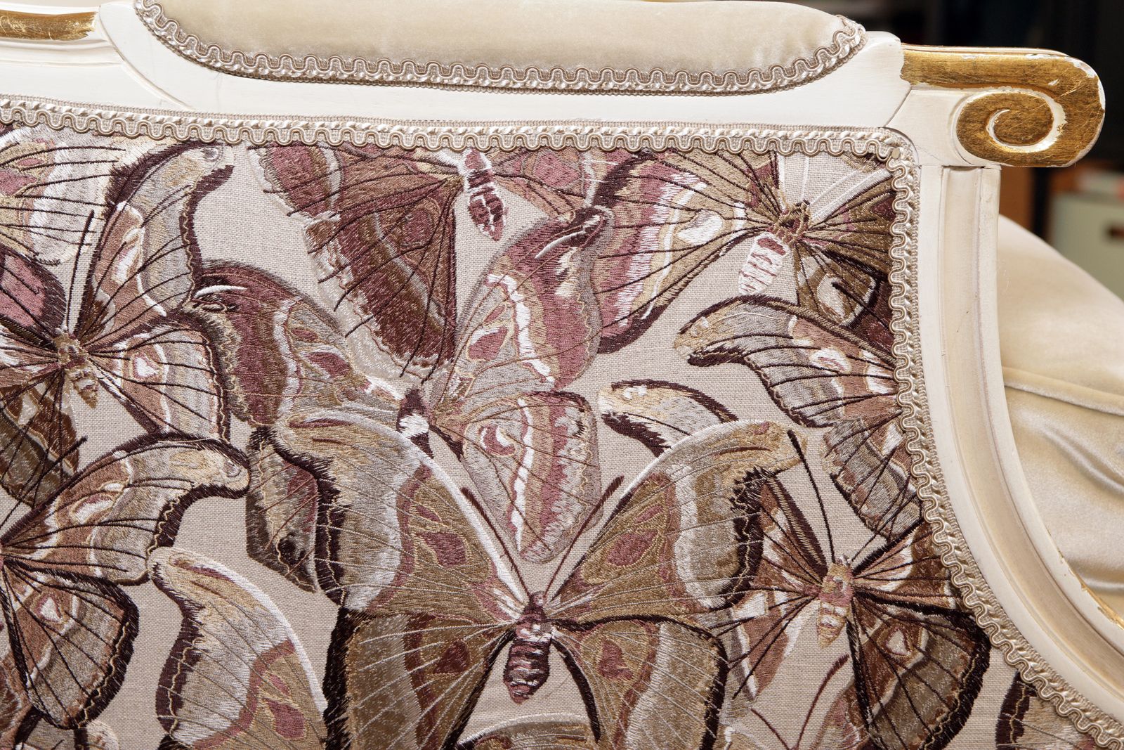 photo for sale A Louis Style Canapé Settee In Holland & Sherry Velvet And Lizzo Embroidered Linen