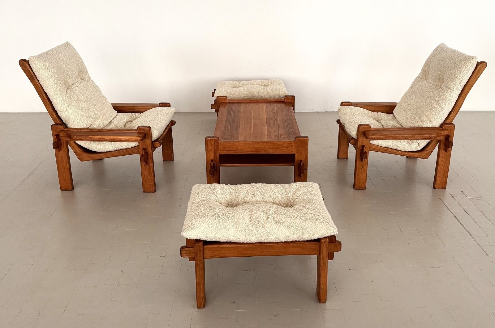 Italian Country Living Room Set In Solid Oak With New Bouclé Upholstery, 1970s, Set Of 5 Pcs. photo for sale
