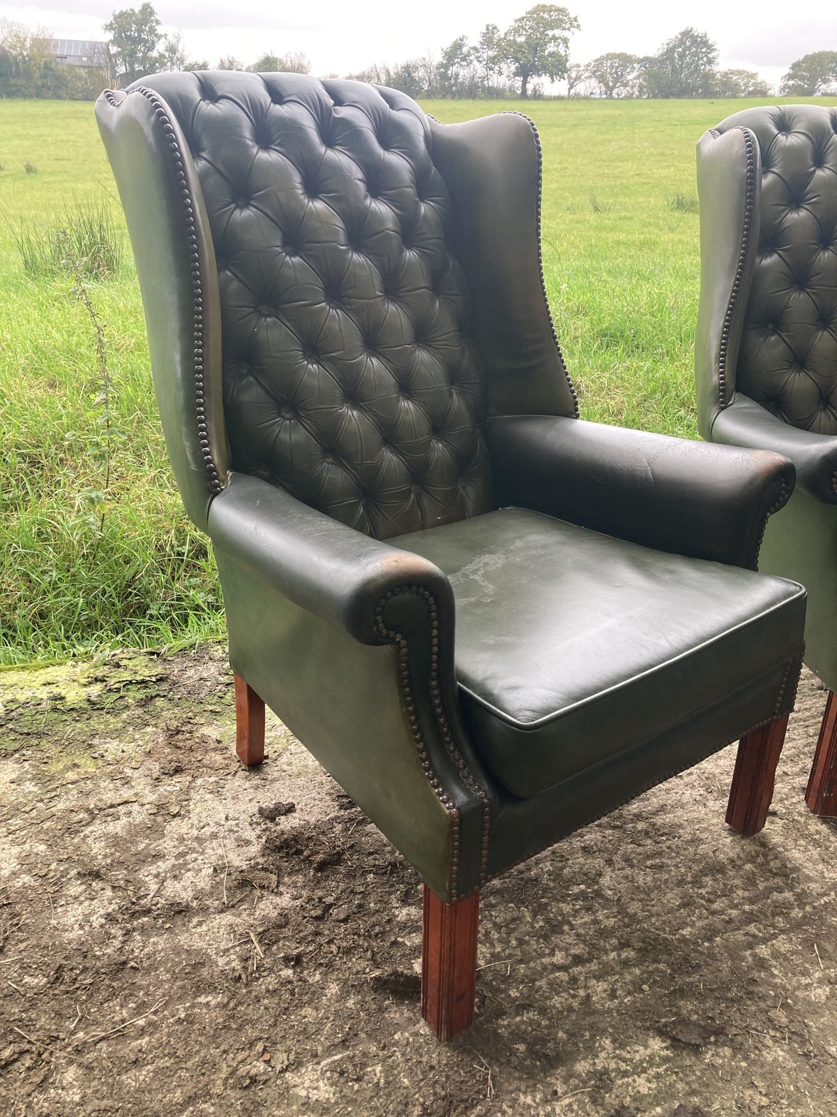Pair Of Chesterfield Leather Wingback, Queen Anne Style Lounge Chairs photo Furniture
