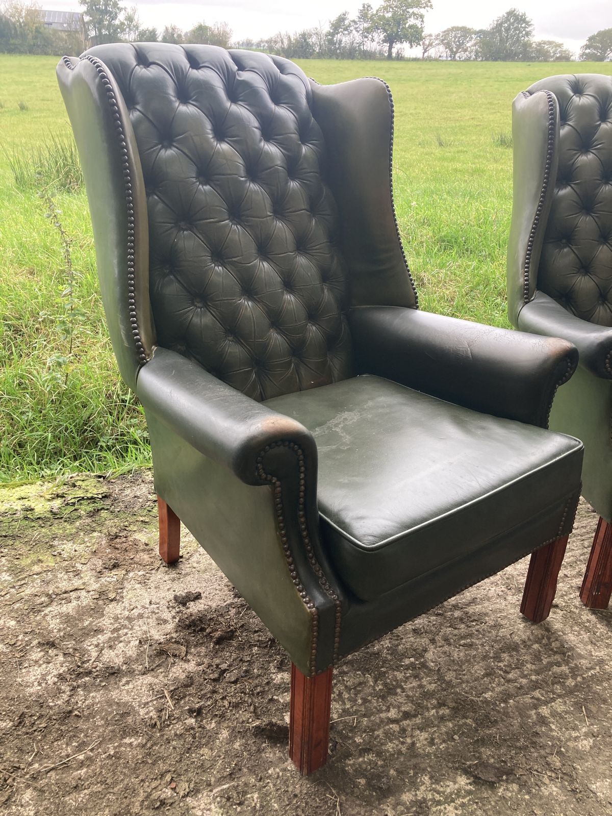 795.0 Pair Of Chesterfield Leather Wingback, Queen Anne Style Lounge Chairs photo
