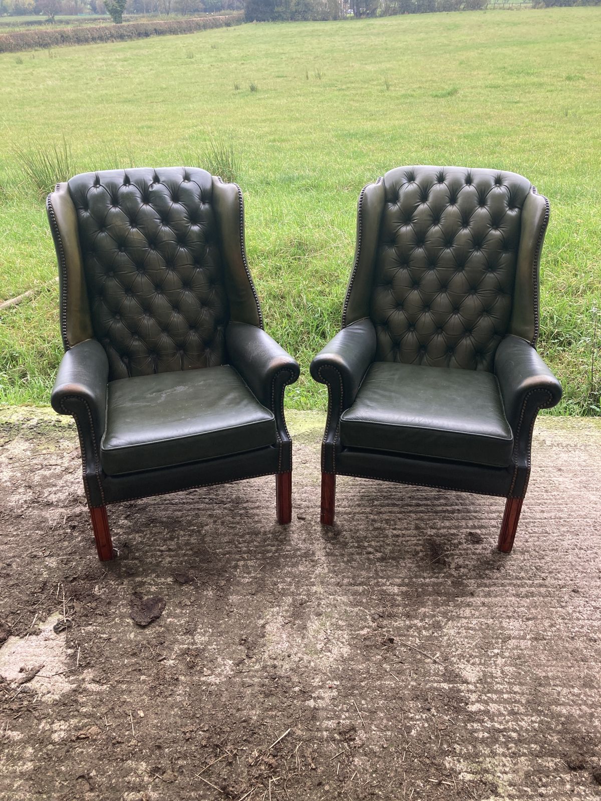 Pair Of Chesterfield Leather Wingback, Queen Anne Style Lounge Chairs