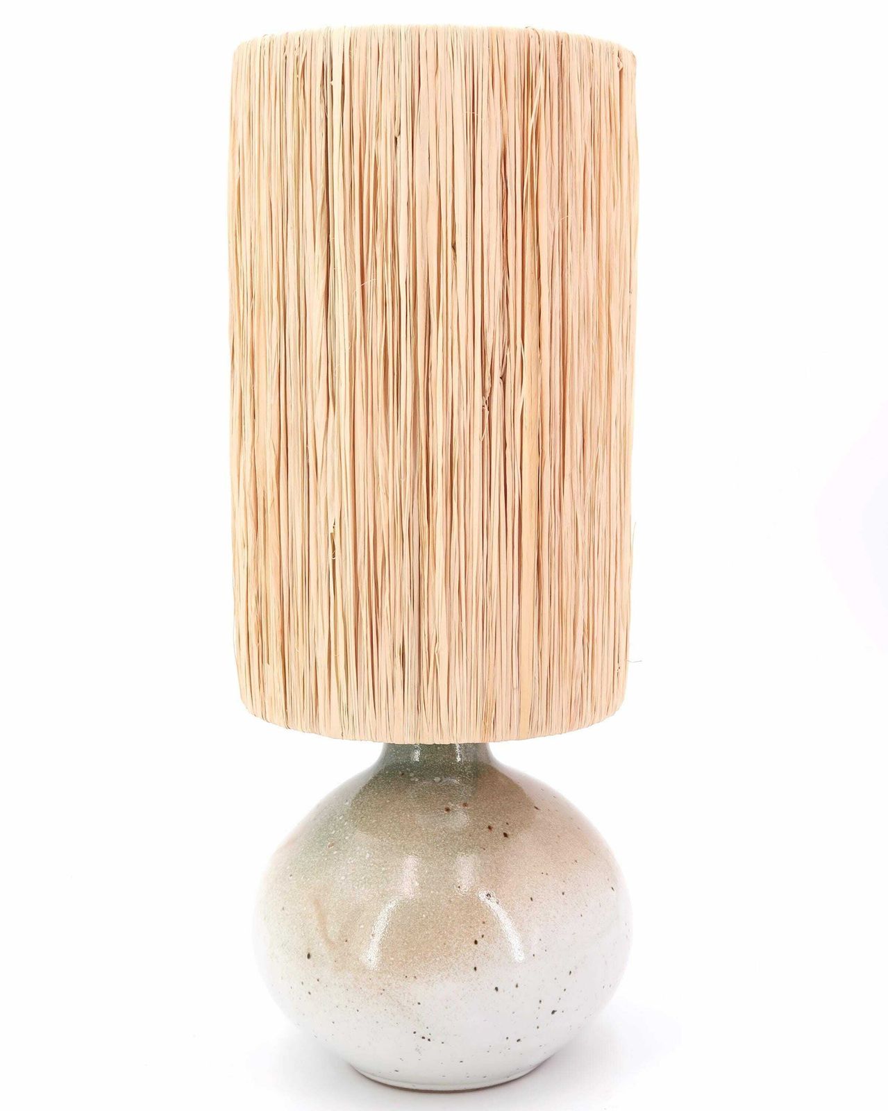 French Potter Ceramic Table Lamp, Raffia Lampshade, 1970s / Stoneware, Vintage, Beige, Pale Green, Grey, Boho Chic, Lighting photo for sale