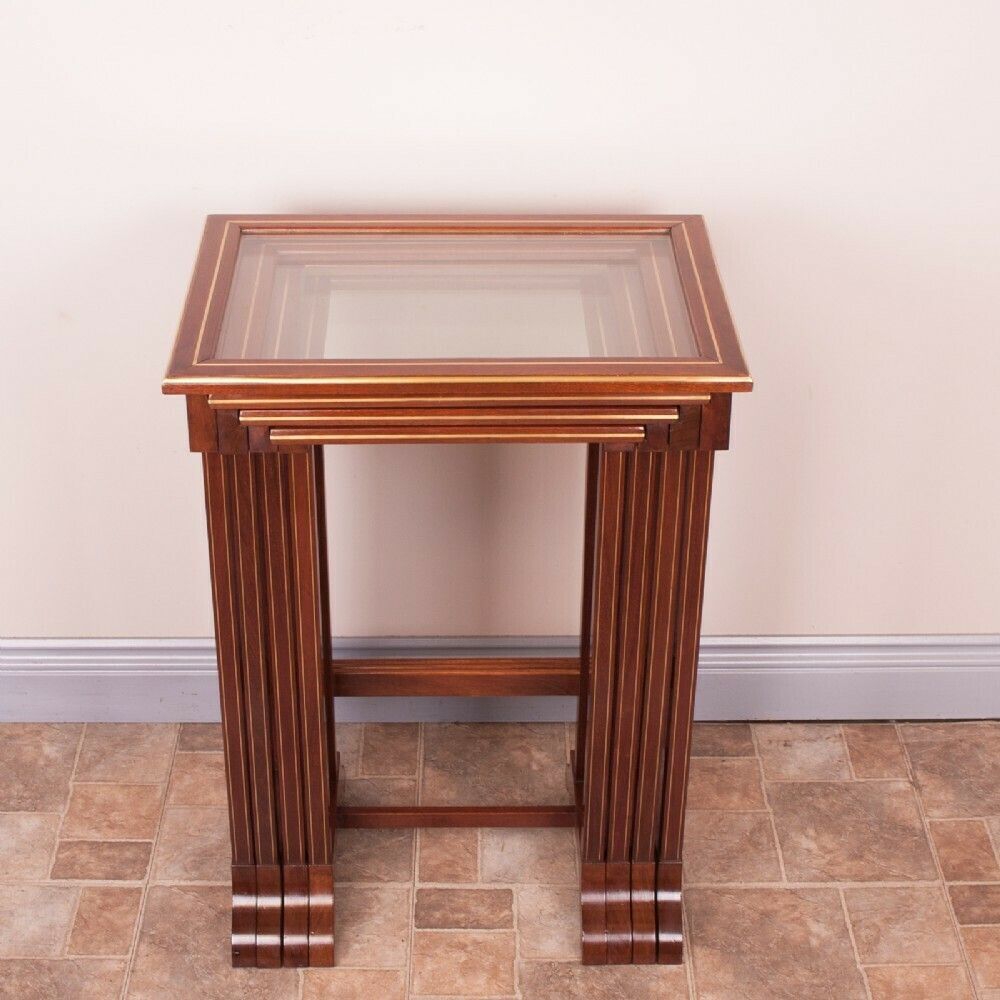 Good Quality French Brass Inlaid Mahogany Quartetto Nest Of Tables photo vintage