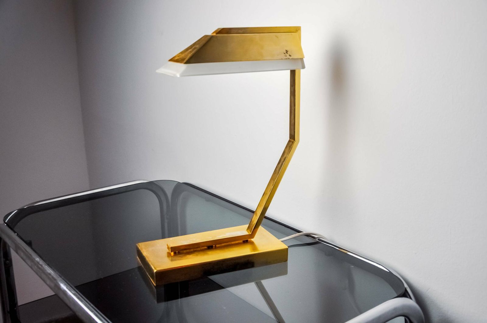 photo for sale Geometric Art Deco Lamp, Brass And Smoked Glass, Spain, 1970